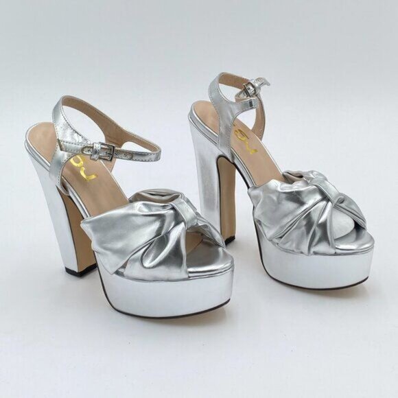 FSJ Silver Platform Chunky Block High Heel Sandals Peep Toe Ankle Strap Shoes - Picture 4 of 8